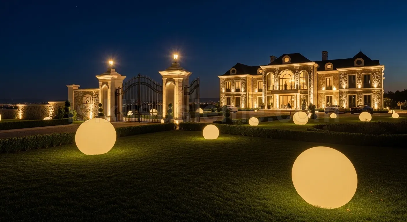 Gece vakti lüks villa bahcesinde beyaz kure seklinde LED lambalar ve aydinlatilmis demir kapili giris