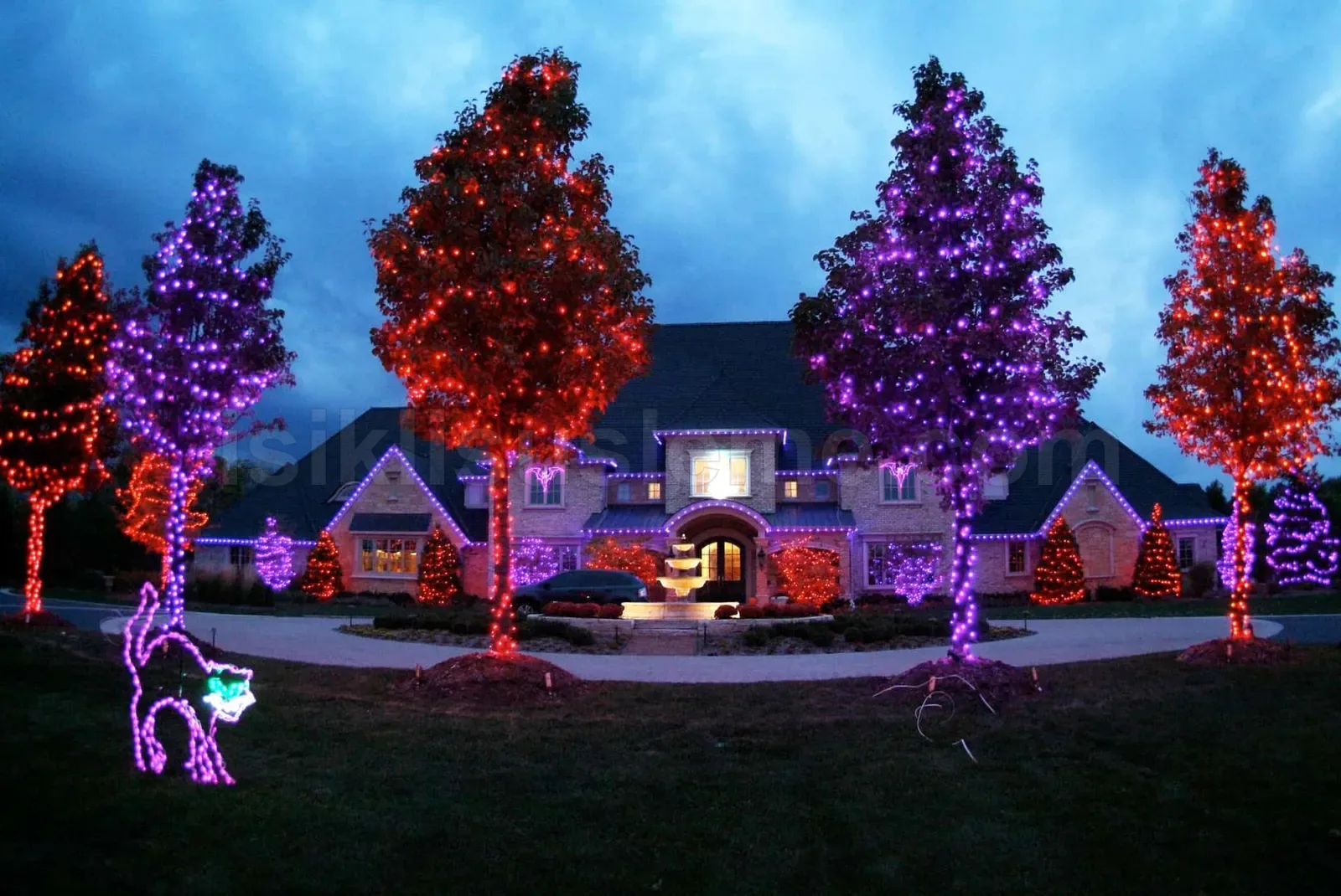 Lüks villa onunde mor ve kirmizi LED sarili agaclar ile led figur susleme