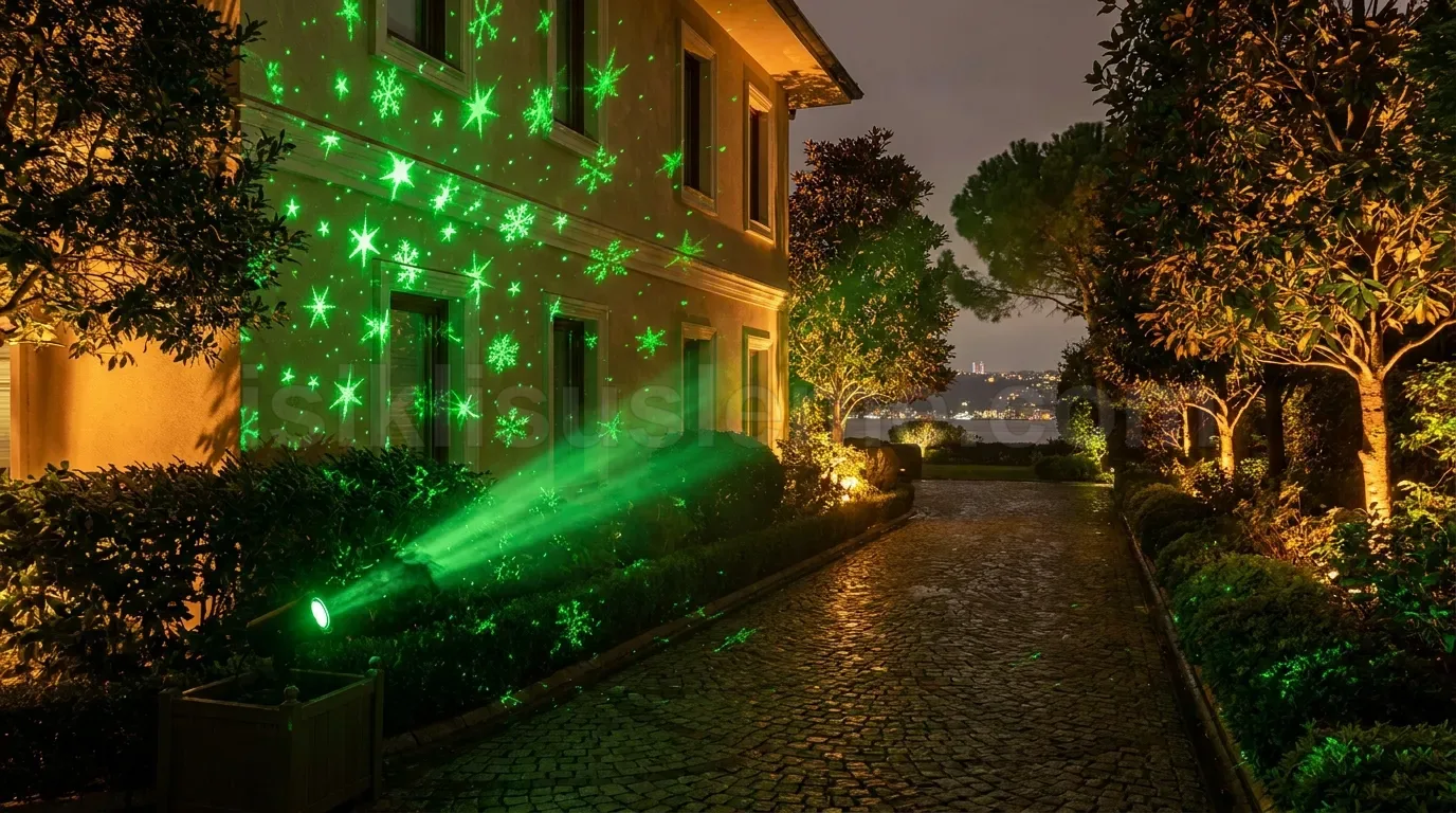 Villya dis cephesine yesil kar tanesi desenli lazer projektoru ile yansitilan isik susleme gece goruntumu