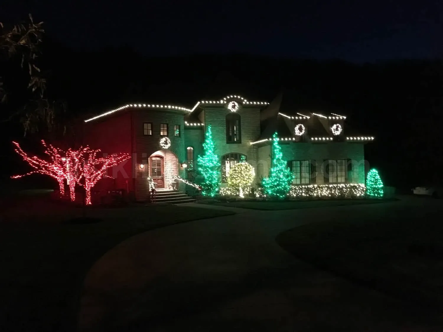 Gece kirmizi ve yesil LED ile suslenmus buyuk villa cephe ve bahce agaclari