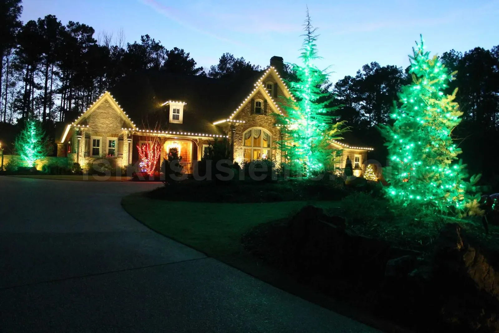 Villa cephe ve bahce agaclarinda yesil LED ile sicak beyaz cephe cerceve susleme