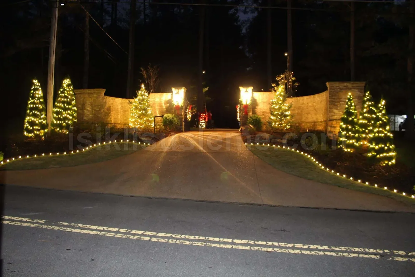 Villa giris kapisi ve yol kenari agaclara sicak beyaz LED susleme gece gorunumu