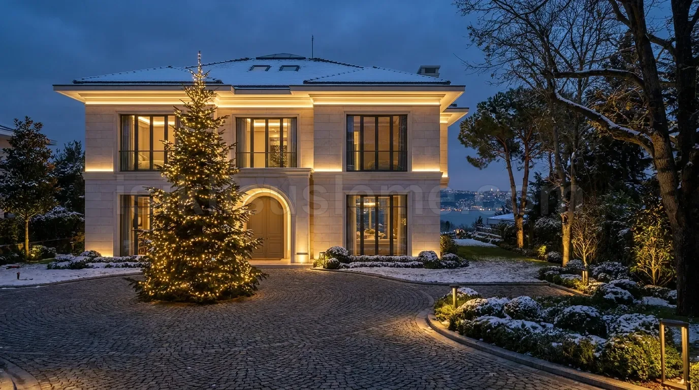 Karli havada sehir manzarali iki katli villa onunde LED suslemeli yilbasi cam agaci ve kornis isigi