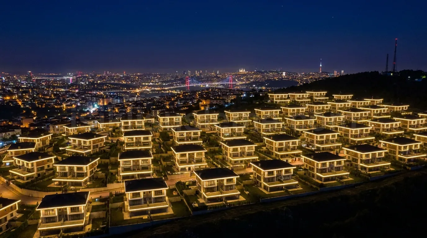 Istanbul manzarali luksus villa sitesinde tum binalara uygulanan sari LED cephe kontur aydinlatmasi drone gece cekim