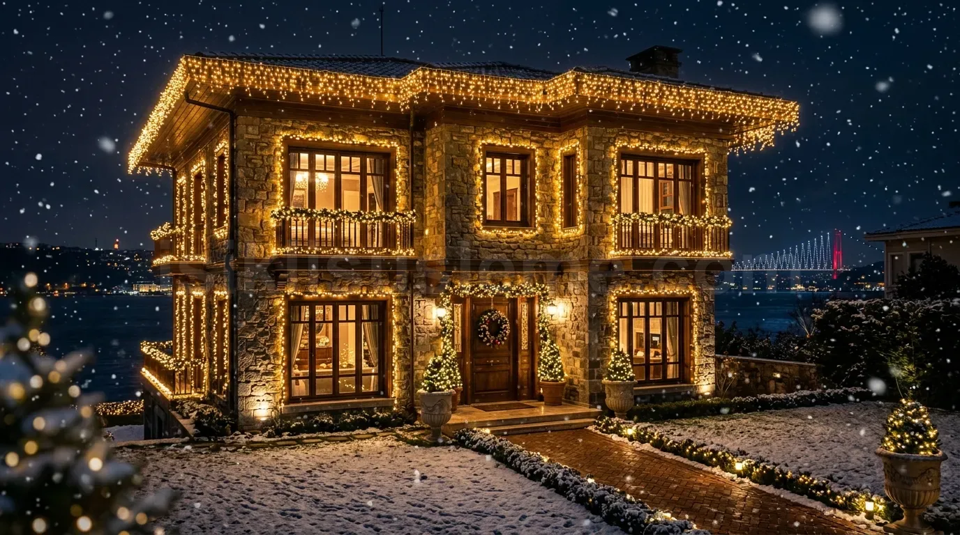 Bogaz manzarali iki katli yali villanin sacak balkon ve kose sutuniarina uygulanan sicak beyaz LED yilbasi susleme kar manzarasi