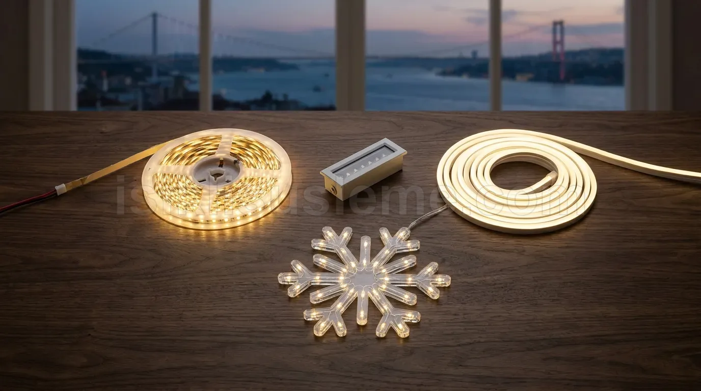 Bogaz manzarali masada led serit rulosu kontrolcu neon flex ve kar tanesi figur bir arada